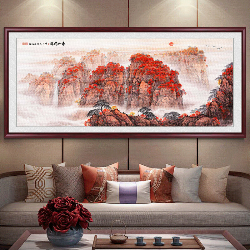 熱賣客廳裝飾畫掛畫(帶框尺寸：238*98cm  泰山雄風 複刻噴繪+紅褐色實木框 )