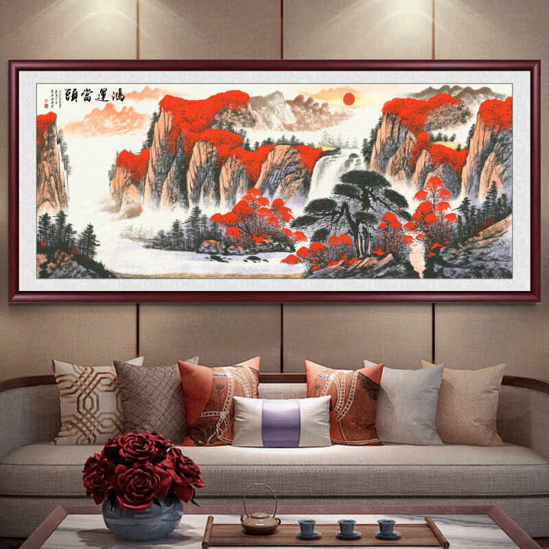 熱賣客廳裝飾畫掛畫(帶框尺寸：218*88cm  鴻運當頭-2 複刻噴繪+紅褐色實木框 )