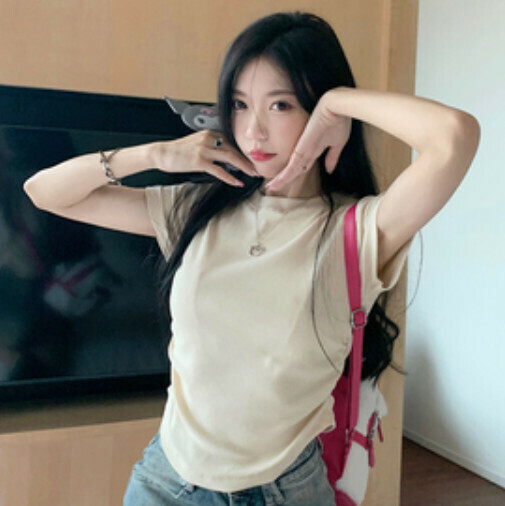 Irregular shoulder T-shirt (apricot S-M contact customer service to confirm the shipping size after placing an order)】