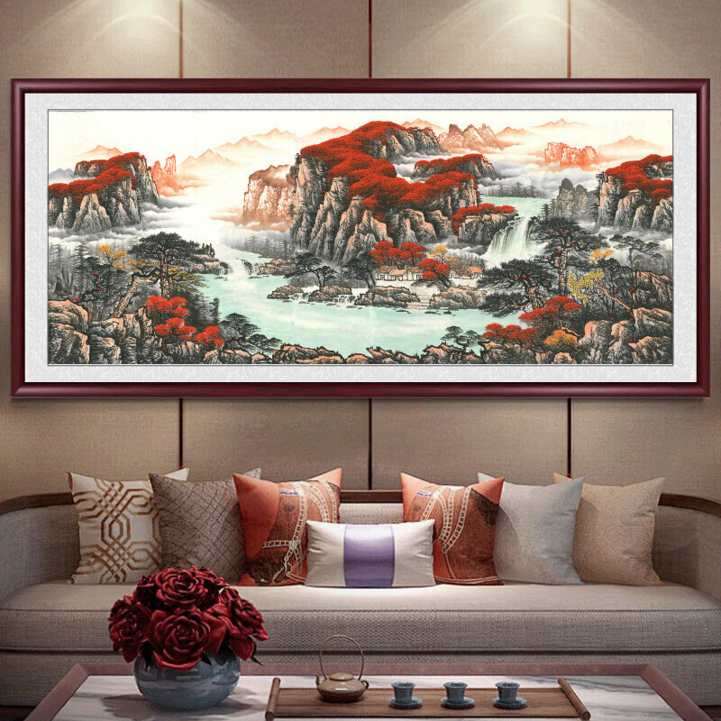 熱賣客廳裝飾畫掛畫(帶框尺寸：228*88cm  鴻運當頭-8 複刻噴繪+紅褐色實木框 )