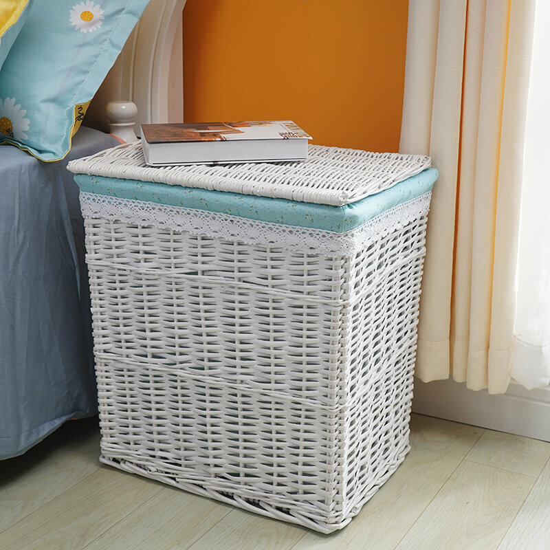 Popular rattan storage basket shelf storage rack (small size (length 30 width 25 height 36cm) milky white green bottom flowers (with cover))
