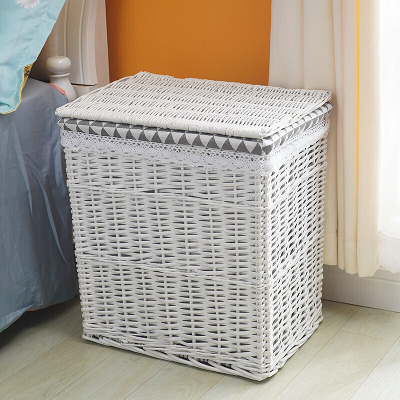 Popular rattan storage basket shelf storage rack (large size (length 40 width 30 height 47cm) milky white triangle lining (with lid))