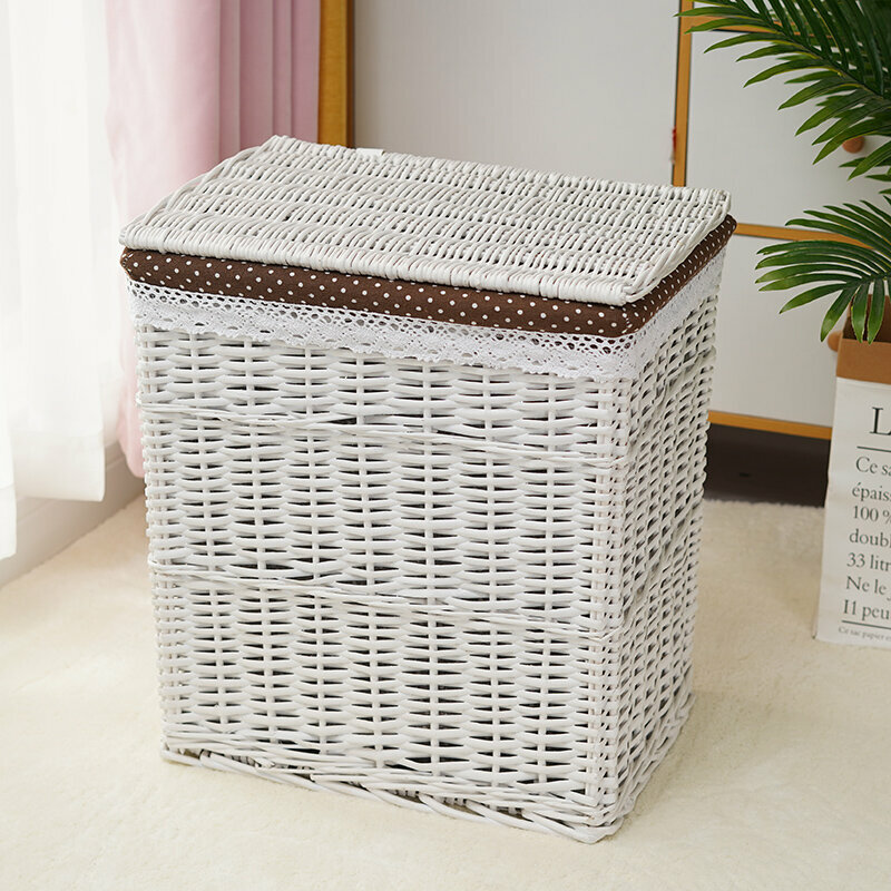 Popular rattan storage basket shelf storage rack (small size (length 30 width 25 height 36cm) milky white coffee white dots (with lid))