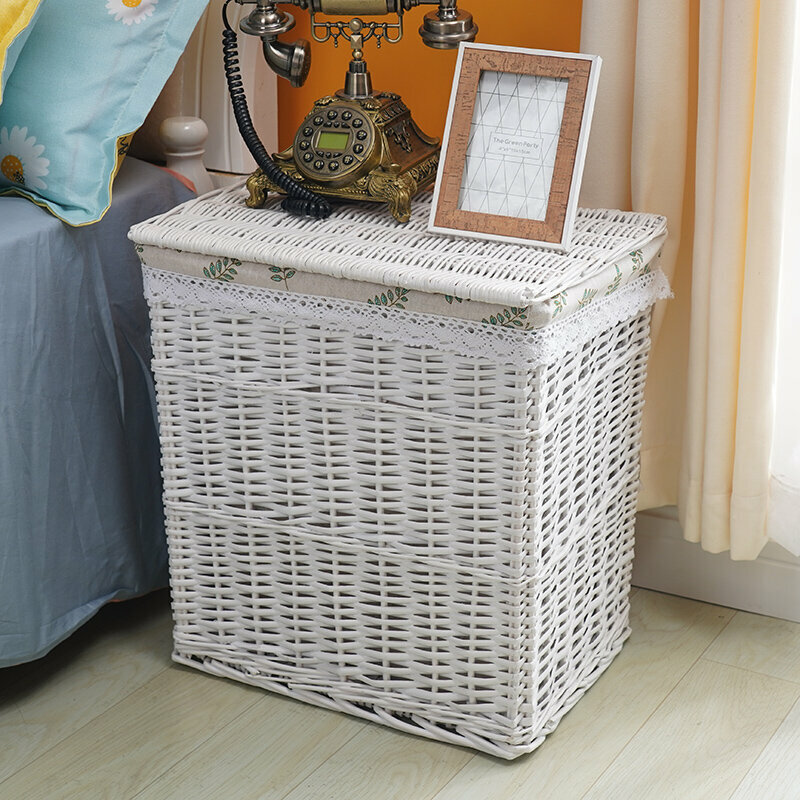 Hot push rattan storage basket shelf storage rack (extra large (length 44 width 34 height 56cm) milky white leaf lining (with lid))