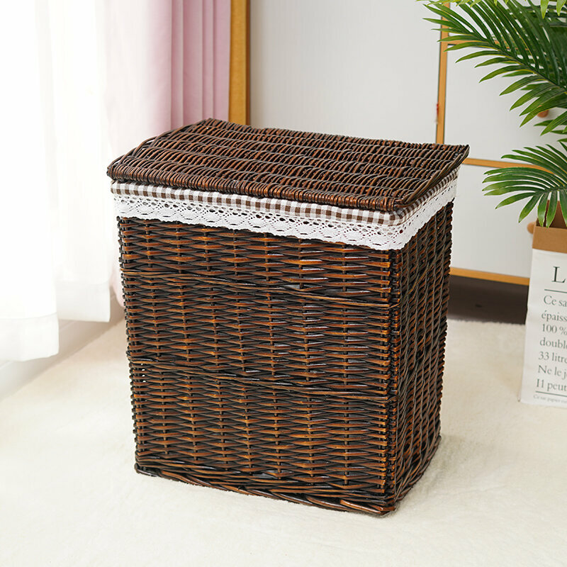Hot push rattan storage basket shelf storage rack (extra large size (length 44 width 34 height 50cm) brown coffee grid (with lid))