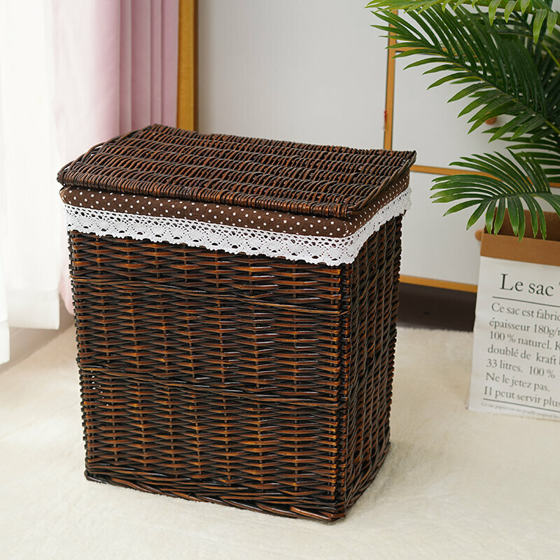 Hot push rattan storage basket shelf storage rack (medium size (length 37 width 27 height 46cm) brown coffee white dots (with lid))