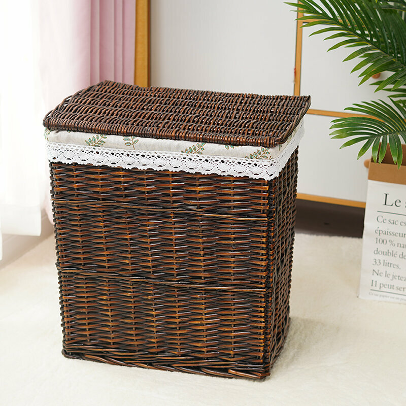 Hot push rattan storage basket shelf storage rack (medium size (length 37 width 27 height 46cm) brown leaf lining (with lid))