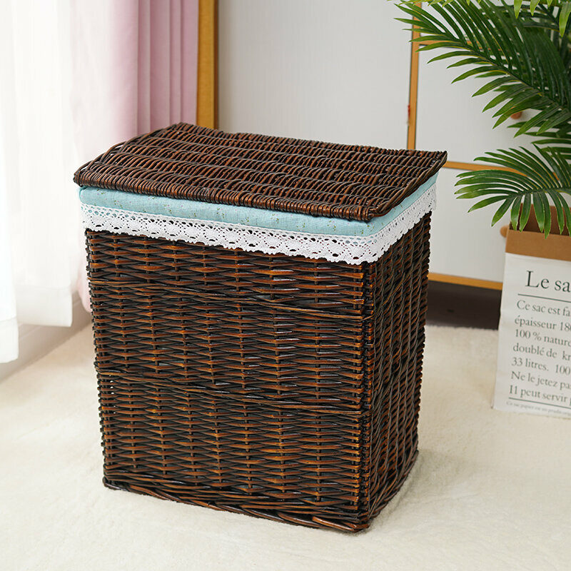 Hot push rattan storage basket shelf storage rack (extra large size (length 44 width 34 height 50cm) brown green bottom flowers (with cover))