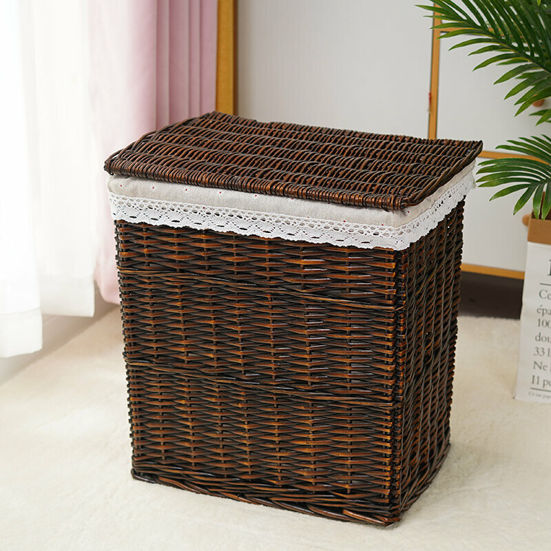 熱推藤編收納籃 層架 儲物架(小號（長30寬25高36cm）咖啡色麻布菊花 （帶蓋）)