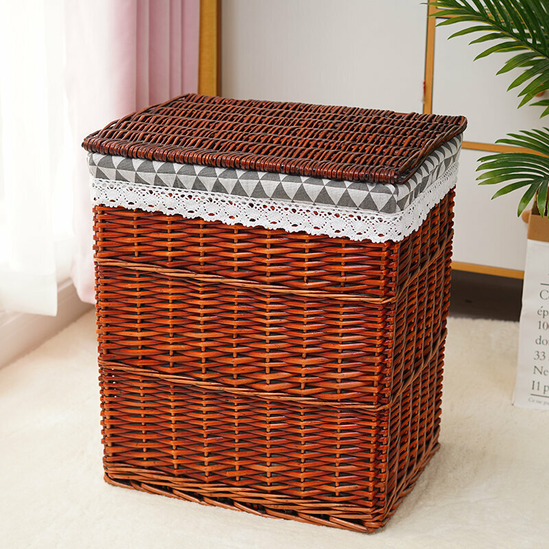 Hot push rattan storage basket shelf storage rack (medium size (length 37 width 27 height 46cm) dark brown triangle lining (with lid))