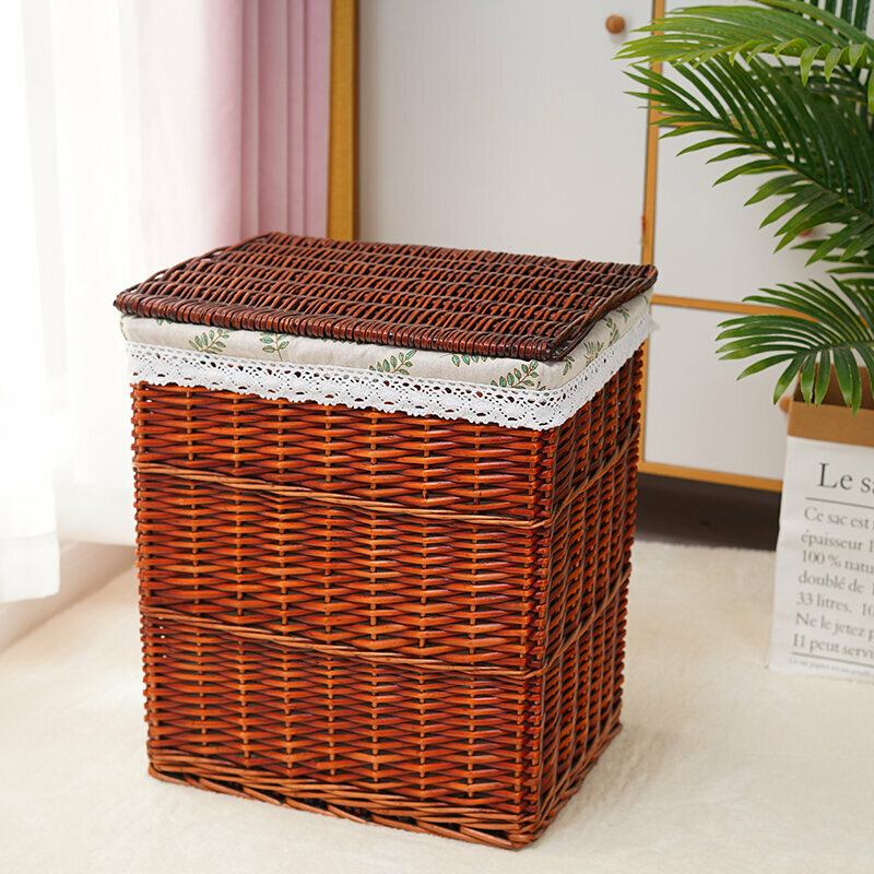 Hot push rattan storage basket shelf storage rack (extra large size (length 44 width 34 height 50cm) dark brown leaf lining (with cover))