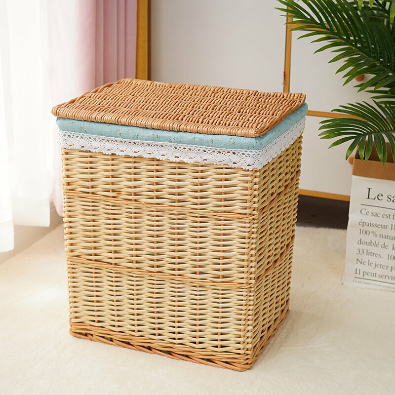 New rattan storage basket, shelf, storage rack (extra large size (length 44, width 34, height 50cm) original willow color with green bottom flowers (with cover))