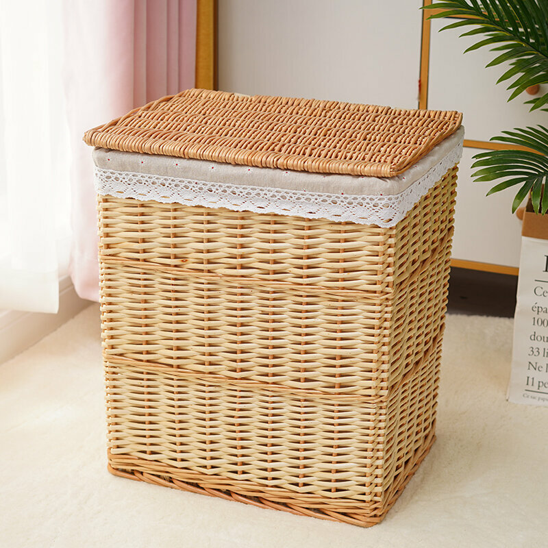 新款藤編收納籃 層架 儲物架(中號（長37寬27高46cm）原柳色麻布菊花 （帶蓋）)