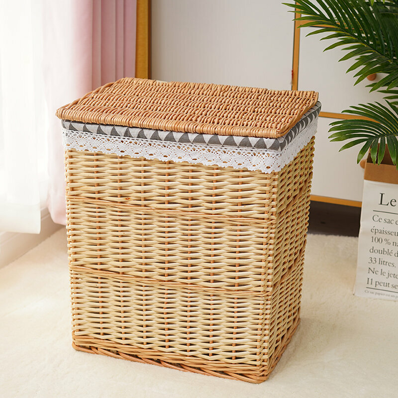 New rattan storage basket shelf storage rack (small size (length 30 width 25 height 36cm) original willow triangular lining (with cover))