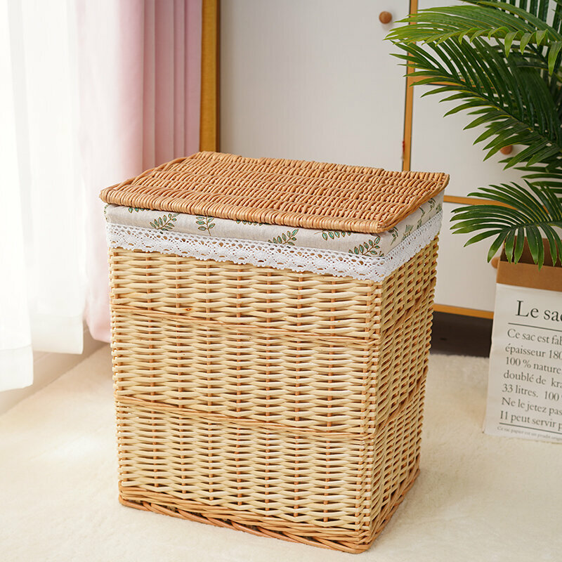 New rattan storage basket shelf storage rack (medium size (length 37 width 27 height 46cm) original willow leaf lining (with cover))