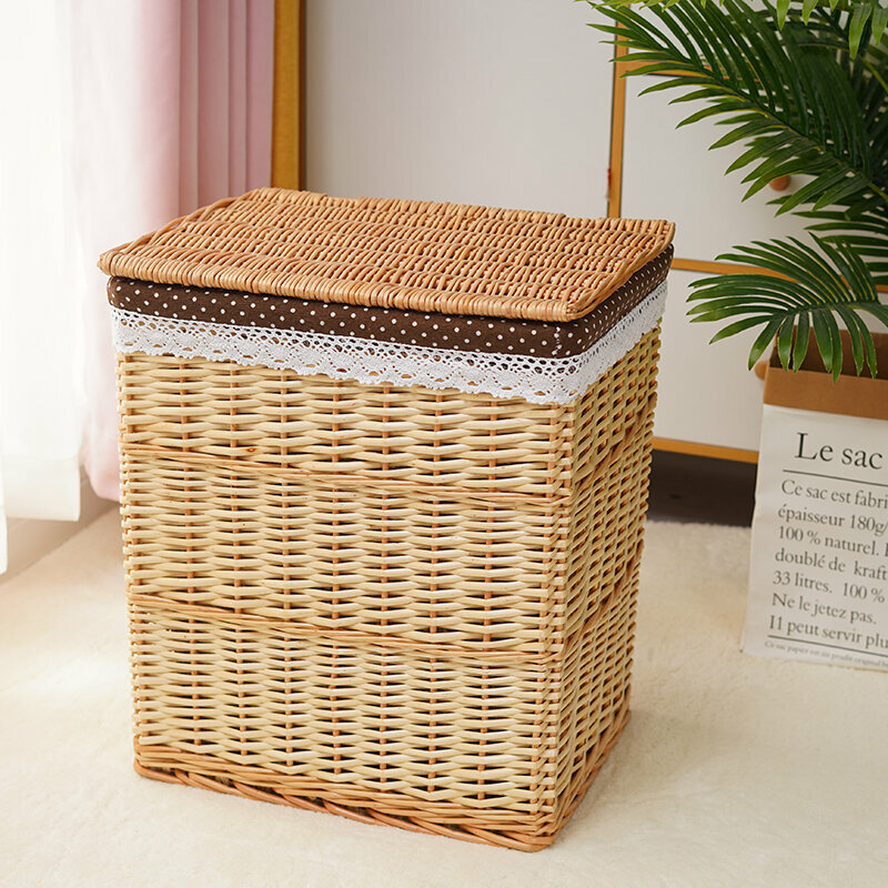 New rattan storage basket, shelf, storage rack (large size (length 40 width 30 height 47cm) original willow color coffee white dots (with cover))