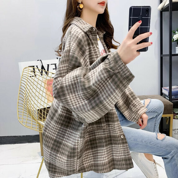Shaved plaid shirt jacket women's autumn and winter (green [size S_XL] (contact customer service to confirm the shipping size after placing an order)】
