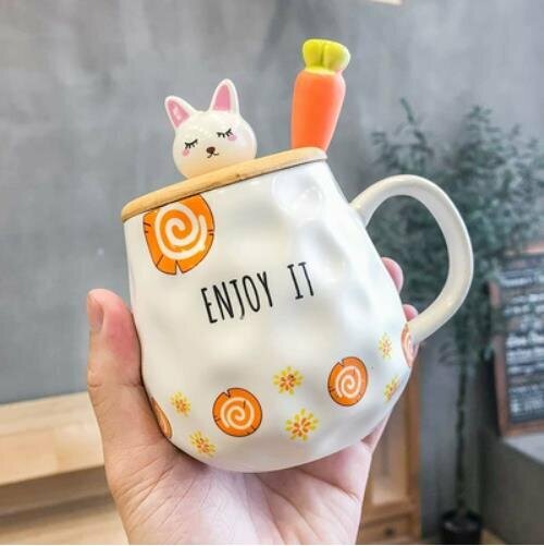 熱推帶蓋陶瓷馬克杯（帶勺子）-（底一圈蘿蔔片-木蓋）