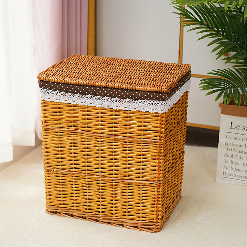 Hot push rattan storage basket shelf storage rack (medium size (length 37 width 27 height 46cm) honey color coffee white dots (with lid))