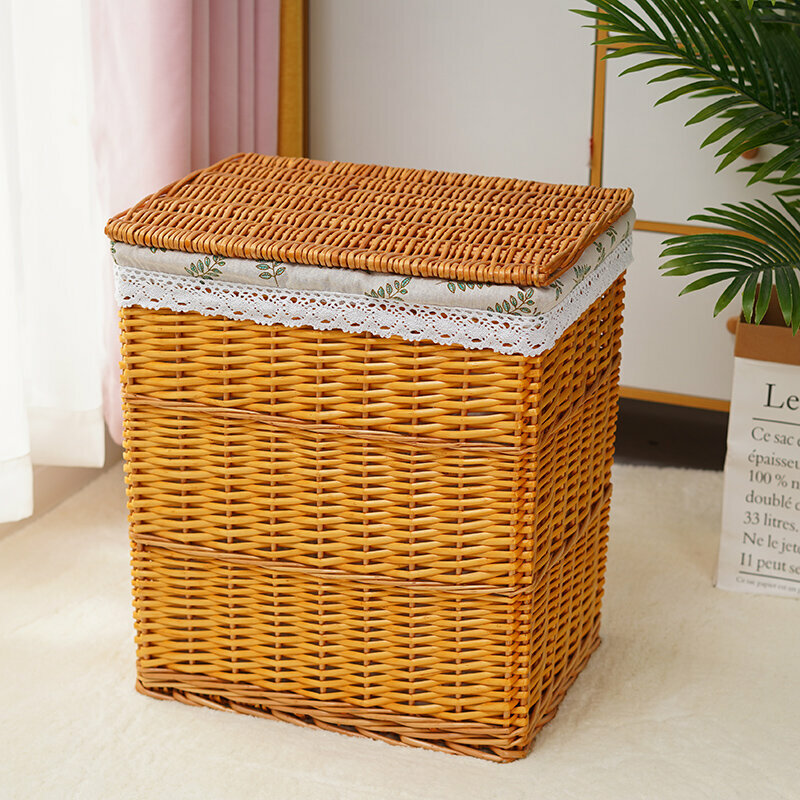 Hot push rattan storage basket, shelf, storage rack (extra large size (length 44, width 34, height 50cm) honey-colored leaf lining (with lid))
