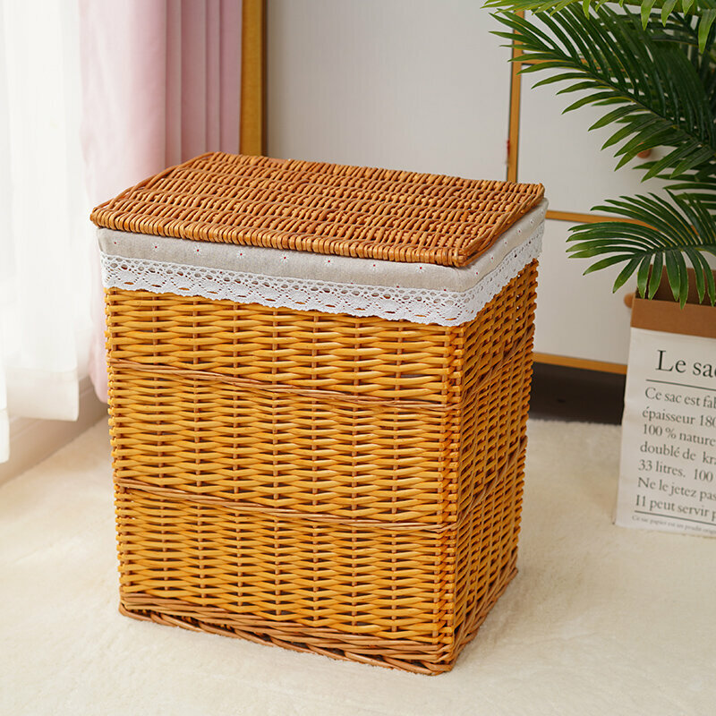 熱推藤編收納籃 層架 儲物架(特大號（長44寬34高56cm）蜜糖色麻布菊花 （帶蓋）)