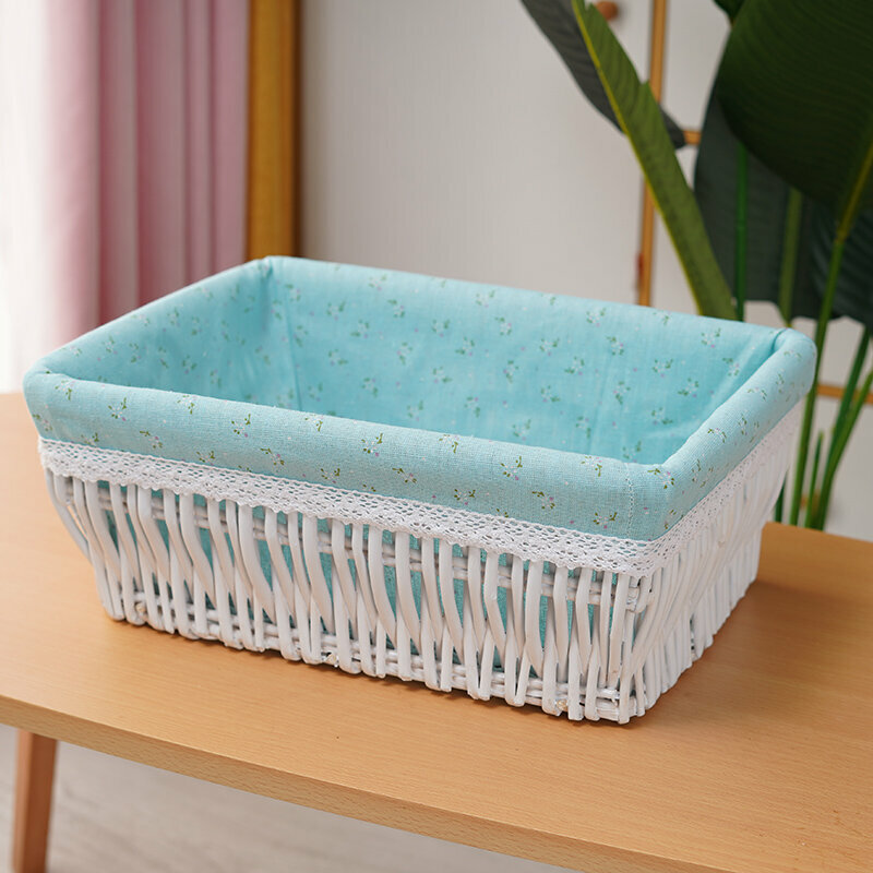 Hot push rattan storage basket, shelf, storage rack (medium size (35cm long, 25cm wide, 14cm high), white with green bottom flowers)