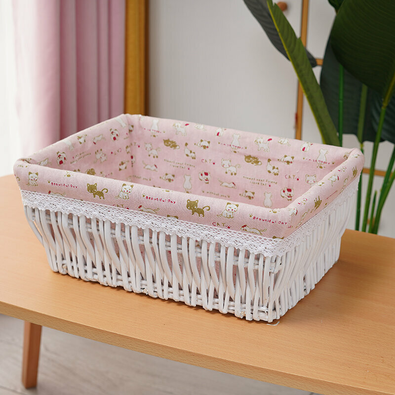 Hot push rattan storage basket shelf storage rack (large size (length 40 width 30 height 16cm) white cartoon lining)