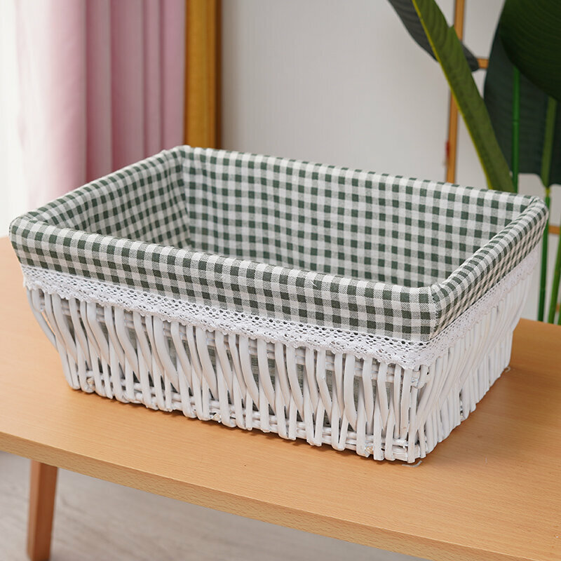 Hot push rattan storage basket shelf storage rack (large size (length 40 width 30 height 16cm) white blue grid lining)