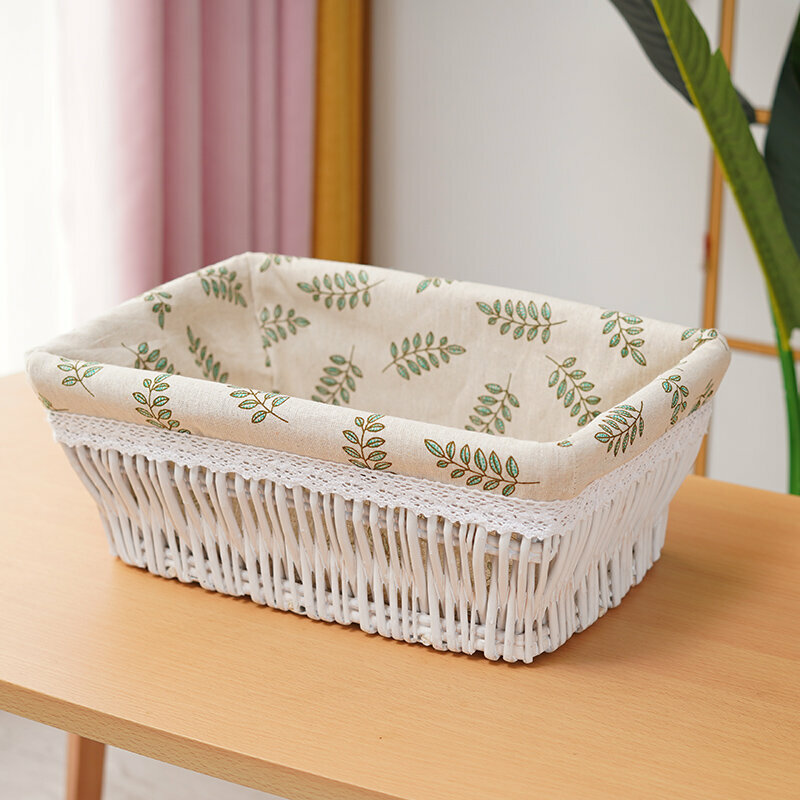 Hot push rattan storage basket shelf storage rack (medium size (length 35 width 25 height 14cm) white leaf lining)