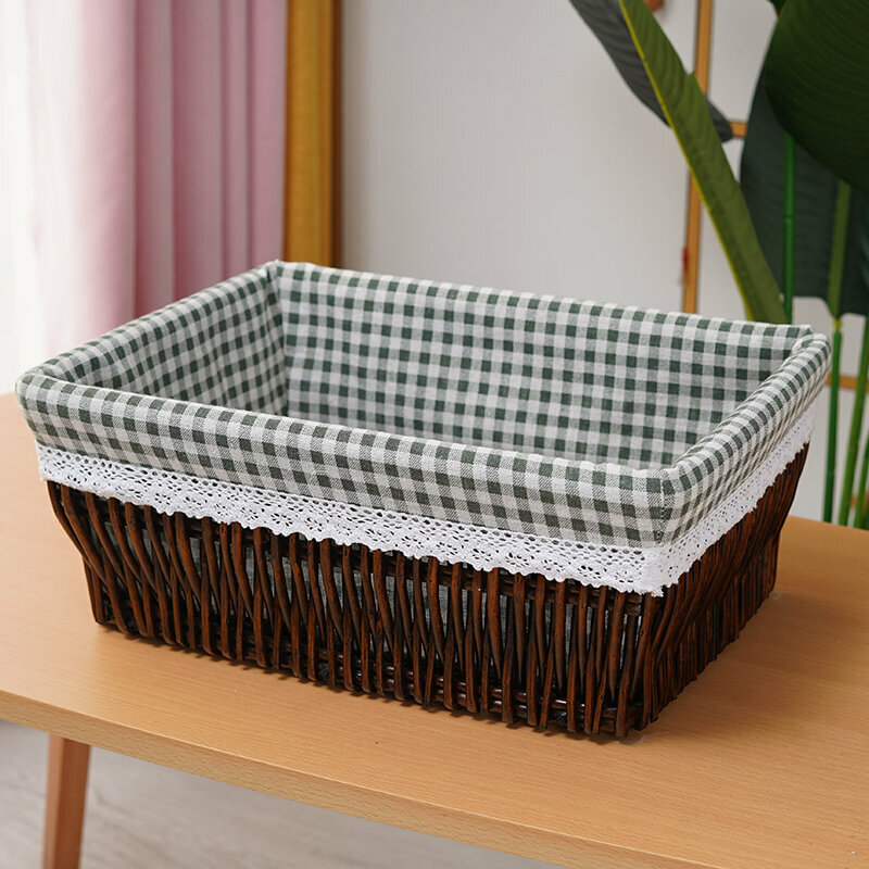 Hot push rattan storage basket, shelf, storage rack (small size (length 30 width 20 height 12cm) coffee blue checkered lining)