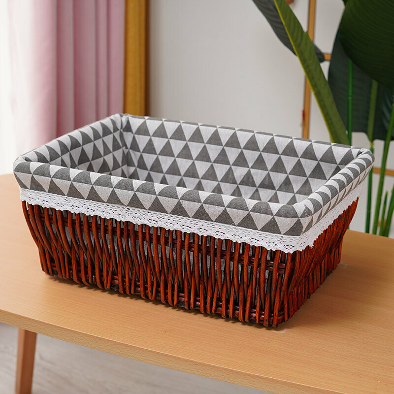 Hot push rattan storage basket shelf storage rack (small size (length 30 width 20 height 12cm) brown triangle lining)