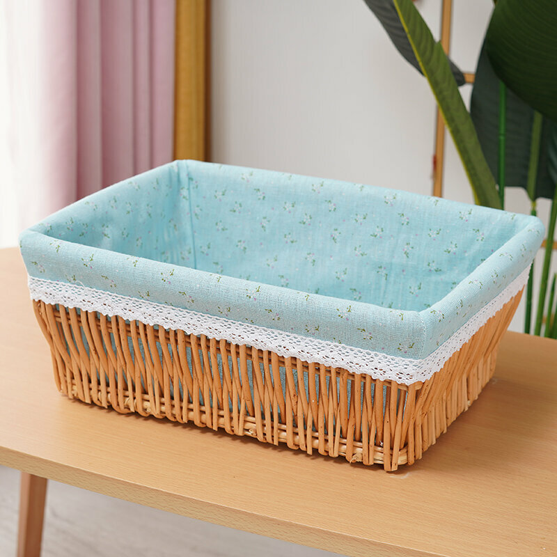 Hot push rattan storage basket, shelf, storage rack (extra large size (45cm long, 35cm wide, 18cm high), original color green bottom with small flowers)