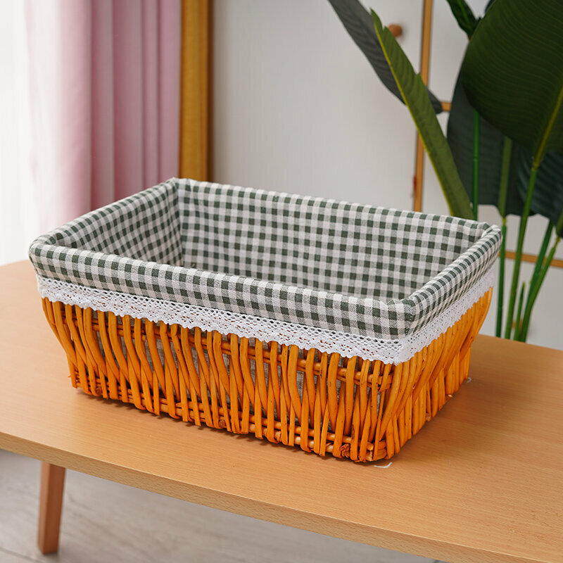 Hot push rattan storage basket shelf storage rack (small size (length 30 width 20 height 12cm) honey blue checkered lining)