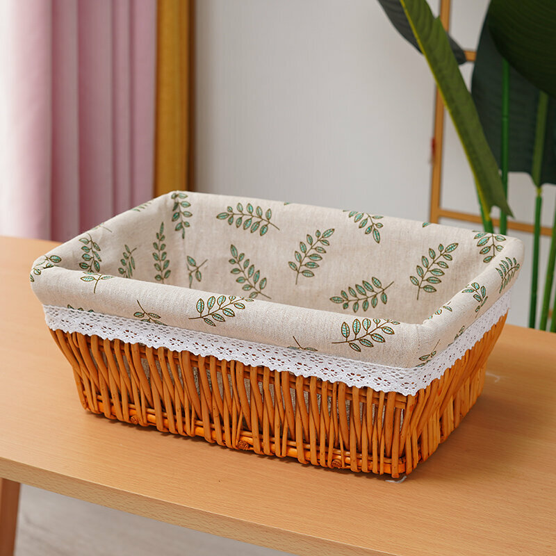 Hot push rattan storage basket shelf storage rack (large size (length 40 width 30 height 16cm) honey leaf lining)