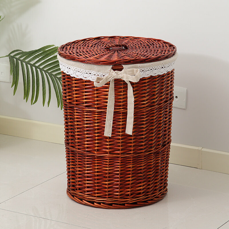 爆款藤編洗衣籃(大號（口42高48cm）紅棕色（麻布小花）)