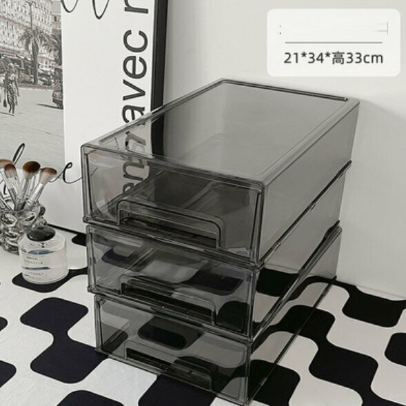 Hot Style [Pack of Three] Desktop Drawer Storage Box (Large Translucent Gray Style)