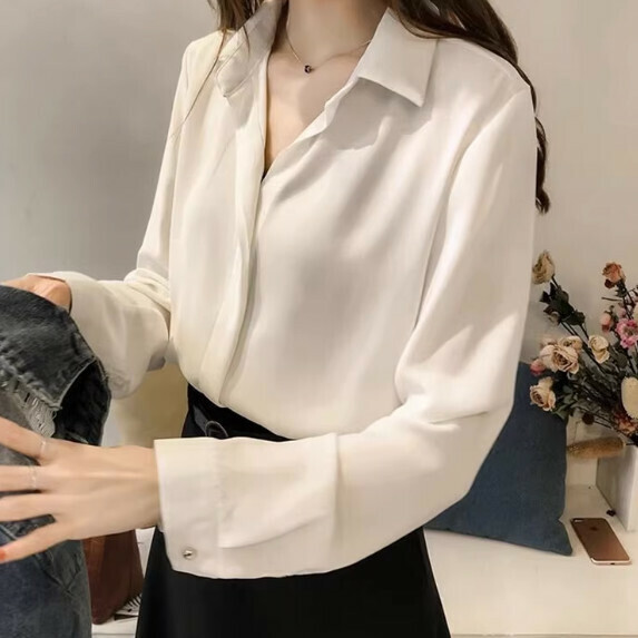 Chiffon Long Sleeve Shirt Women's Spring and Autumn (White [M_XL size] (contact customer service to confirm the shipping size after placing an order)】