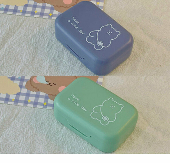 New lightweight contact lens storage box (light purple backpack bear + green backpack bear)