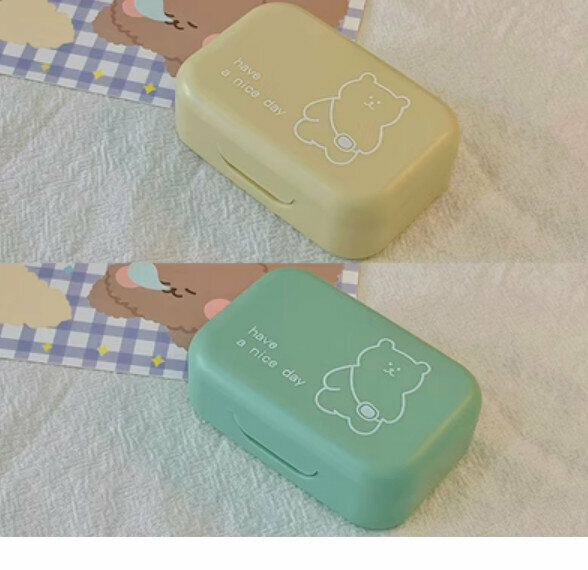 New lightweight contact lens storage box (beige backpack bear + green backpack bear)