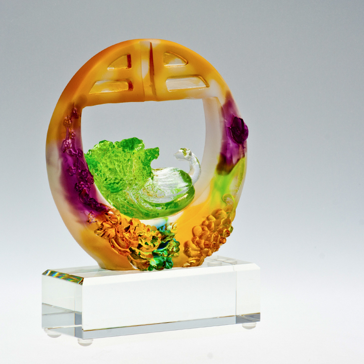 鹿港窯禮品館│琉璃-擺飾 獎牌 風生水起_四季發財 附水晶座│開店開業開市禮品 辦公室客廳裝飾