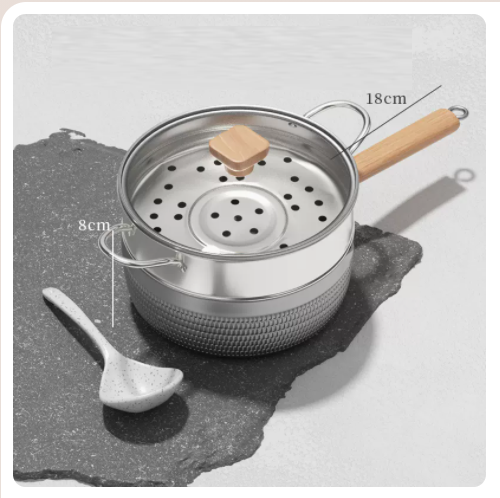 新款平鍋不粘鍋家用麥飯石煮湯鍋小奶鍋帶蒸架鍋蓋電磁爐通用適應2-3人（極光銀）口逕20cm2.4L