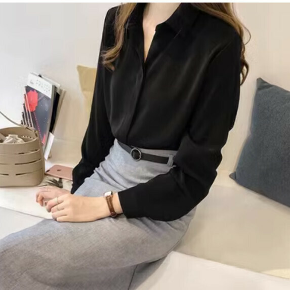 Chiffon Long Sleeve Shirt Women's Spring and Autumn (Black [M_XL size] (contact customer service to confirm the shipping size after placing an order)】