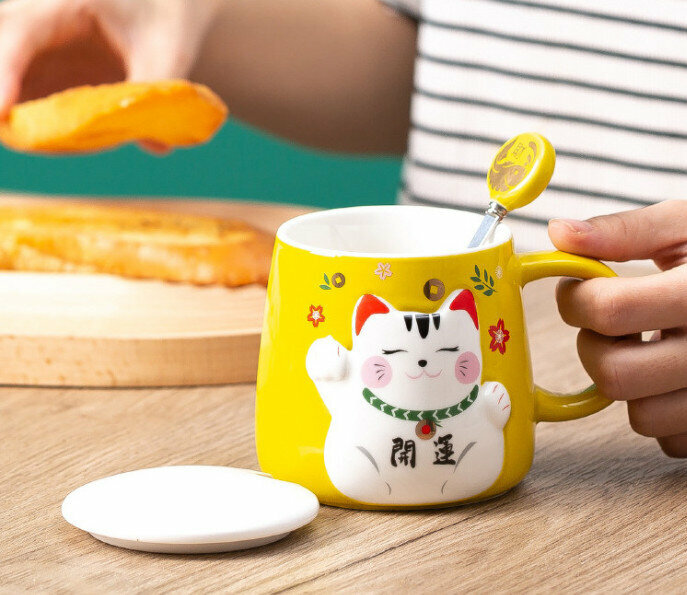熱賣招財貓陶瓷杯子-黃色