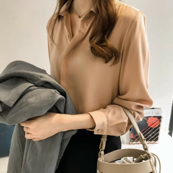 Chiffon Long Sleeve Shirt Women's Spring and Autumn (Khaki [M_XL size] (contact customer service to confirm the shipping size after placing an order)】