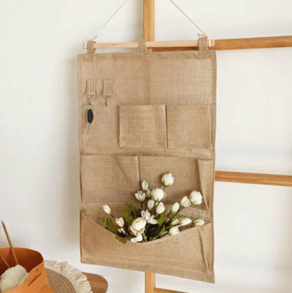Popular wall-mounted storage bag letter hanging bag [Jute unprinted 5 pockets (with hook)] [Specification: 36*60cm]