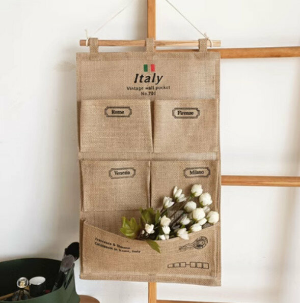 Popular wall-mounted storage bag letter hanging bag [5 pockets of jute letters] [Specification: 36*60cm]