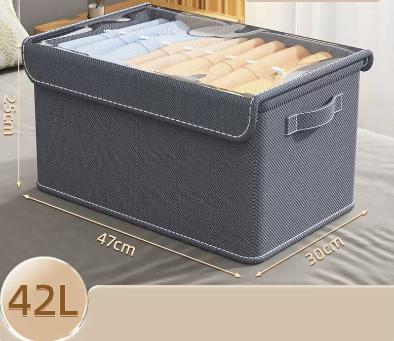爆款帶蓋防塵布藝棉麻衣物收納箱(灰色)(尺寸:42L-25*47*30CM)
