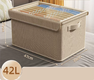 爆款帶蓋防塵布藝棉麻衣物收納箱(米色)(尺寸:42L-25*47*30CM)