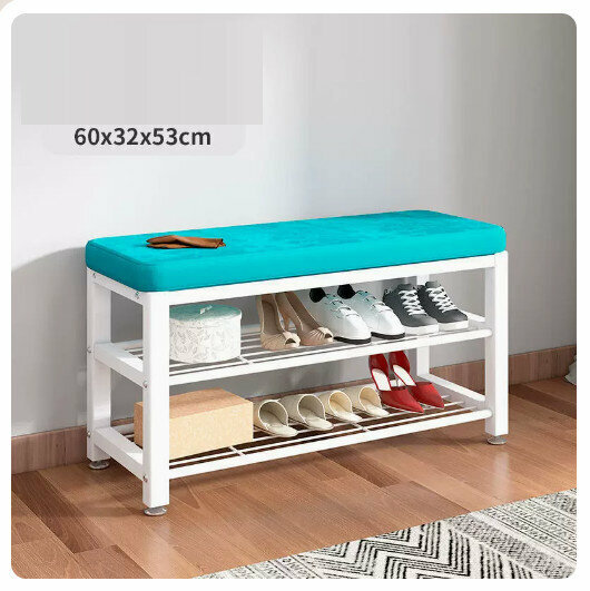 Popular floor-standing clothes rack, shoe cabinet and shoe stool integrated combination [60CM shoe stool + ordinary model [white rack-blue] (size: 60*32*53CM)