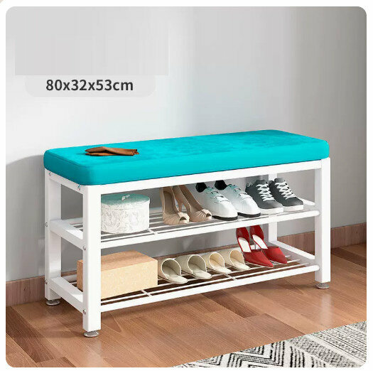 Popular floor-standing clothes rack, shoe cabinet and shoe stool integrated combination [80CM shoe stool + ordinary style [white rack-blue] (size: 80*32*53CM)